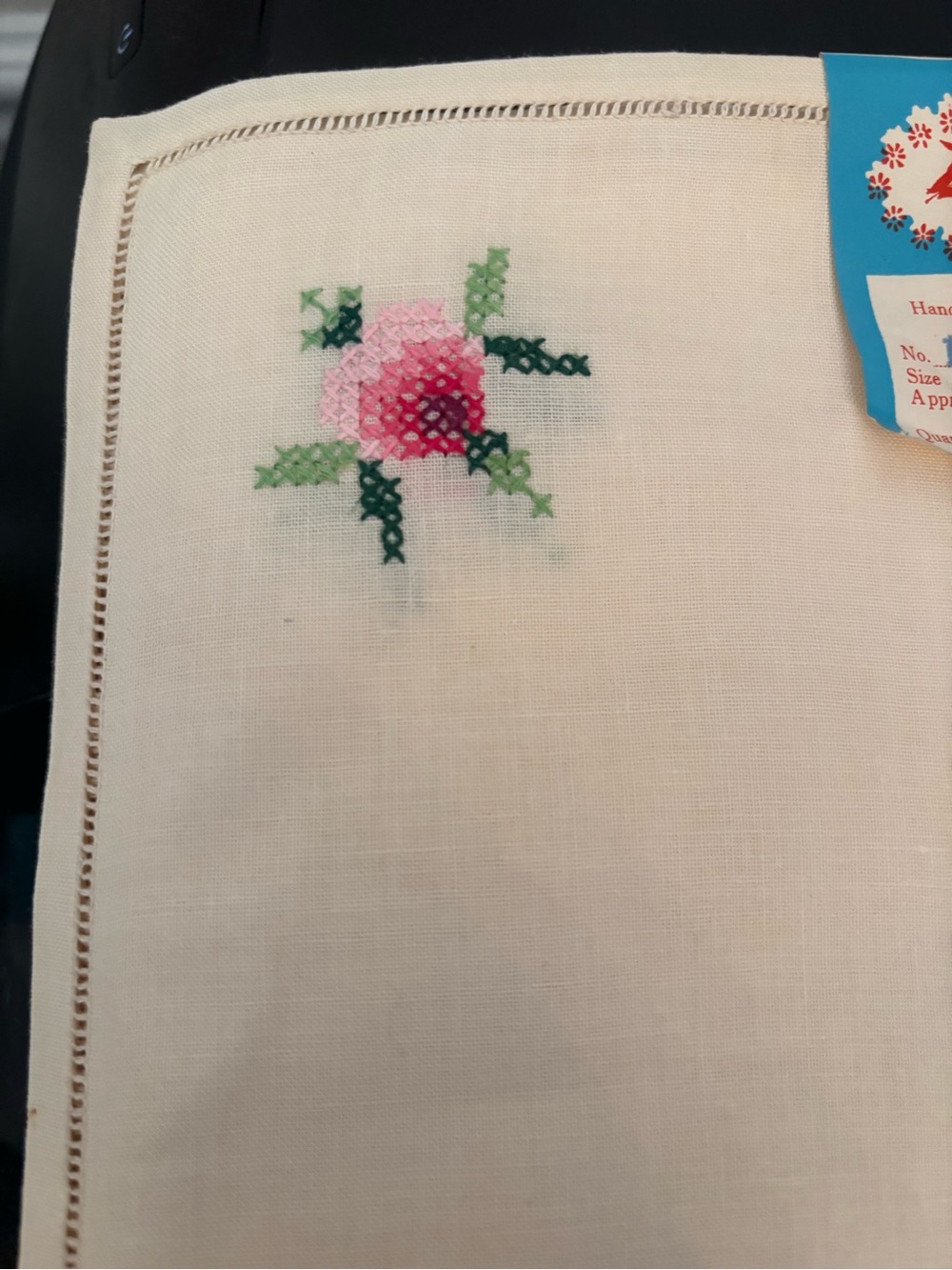 Vintage Hand-Embroidered Pink Floral Linen Accent - Unbranded
